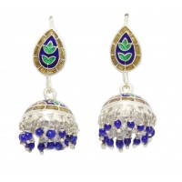 Earrings Enamel Jhumki Dangle Sterling Silver 925 Blue Beads Traditional C9